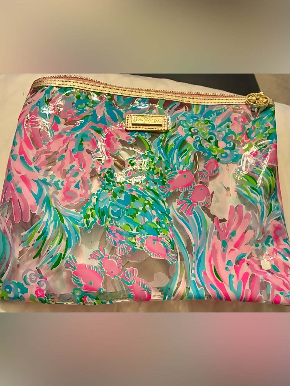 Lilly Pulitzer Pink Teal Floral Clear Beach Bag Set with Gold Trim - 5 pieces
